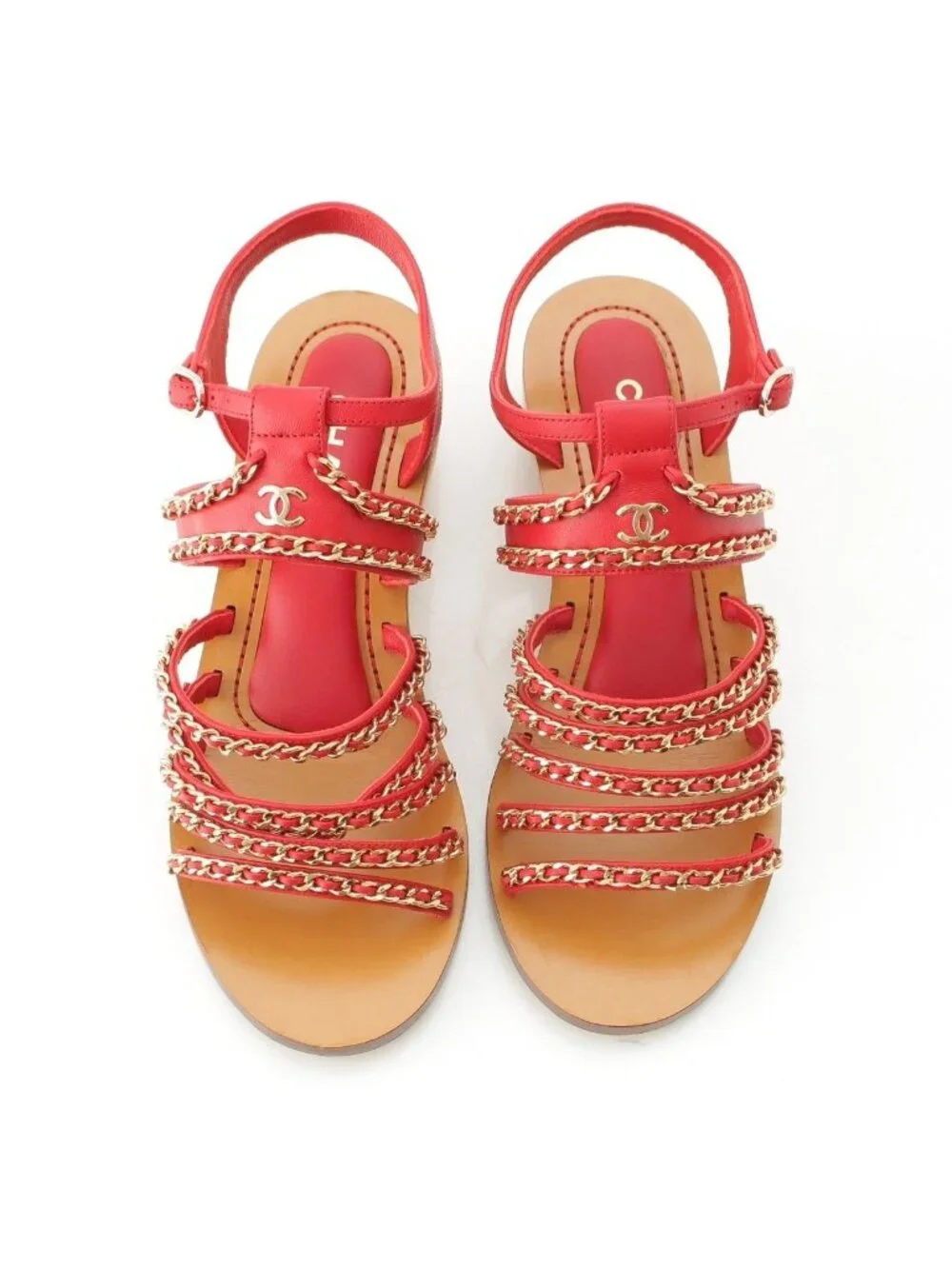 Chanel Leather Wood Chain Thick Sole Platform Sandals Red